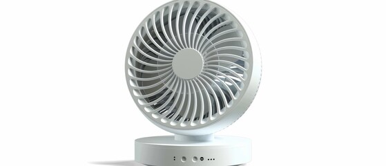 Portable battery-powered white table fan isolated on white background.
