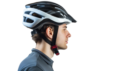 Young caucasian man with bike helmet isolated on transparent background 