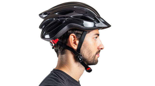 Young caucasian man with bike helmet isolated on transparent background 