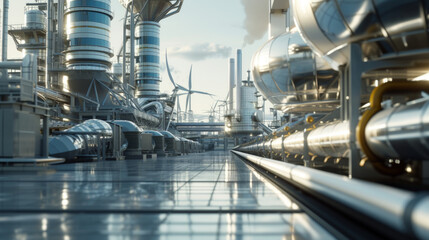 Fototapeta premium A state-of-the-art renewable energy plant with wind turbines and solar panels, temporarily at rest but capable of generating clean electricity