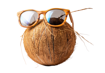 Summer times of funny attractive coconut in stylish sunglasses on transparent background