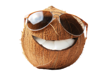 Summer times of funny attractive coconut in stylish sunglasses on transparent background