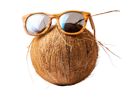 Summer times of funny attractive coconut in stylish sunglasses on transparent background