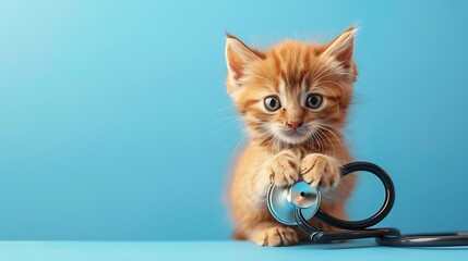 Cute red kitten is playng with stethoscope on blue background