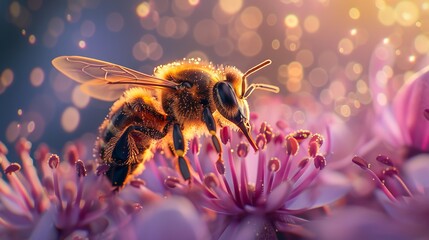 Vivid macro shot  honey bee pollinating flower with detailed pollen grains in natural light - obrazy, fototapety, plakaty