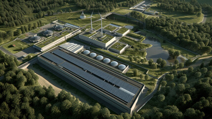 A state-of-the-art renewable energy plant with wind turbines and solar panels, temporarily at rest but capable of generating clean electricity