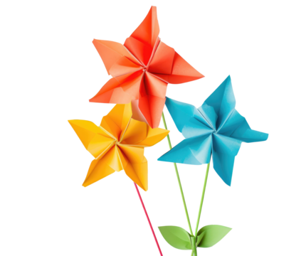 Colorful Origami Paper Windmill Isolated On Transparent Background