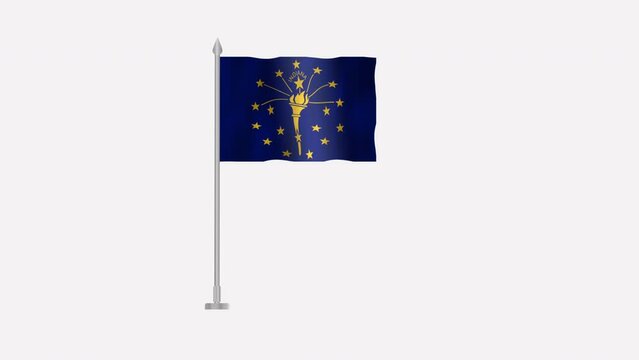 Flag of Indiana, Pole flag of Indiana on white screen, USA States Indiana 3D Animation flag waving in the wind isolated on white Background. 
