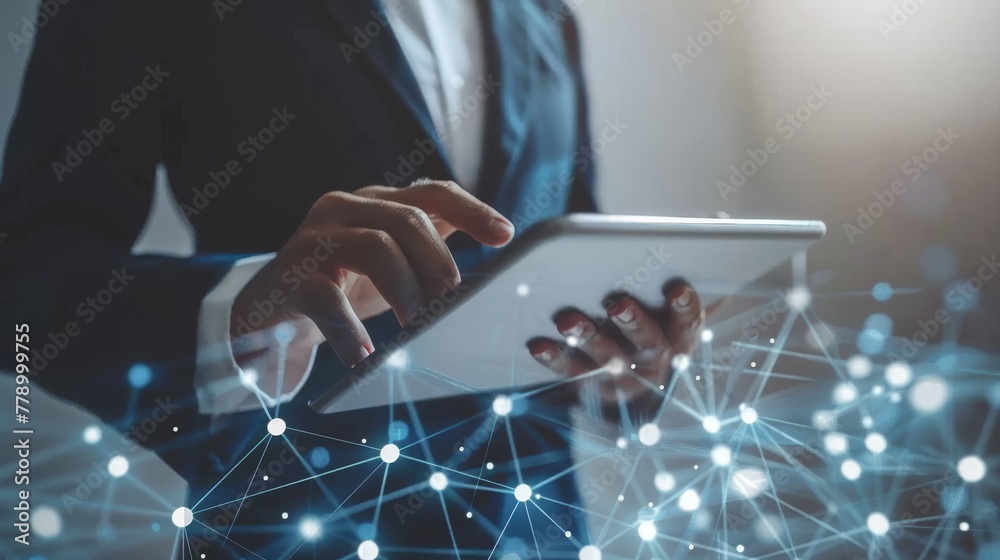 Canvas Prints A businessman working on a tablet computer. Business global internet network technology, social media marketing, finance and banking, the data link, digital technology and global business.