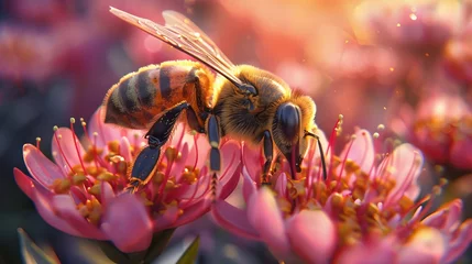 Fotobehang Vibrant macro shot  honey bee pollinating flower with detailed pollen grains in natural light © RECARTFRAME CH