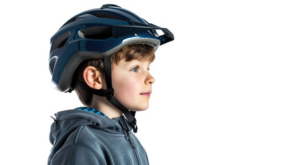 Portrait of a playful funny kid in a safety helmet on transparent