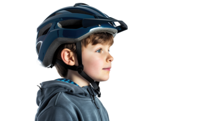 Portrait of a playful funny kid in a safety helmet on transparent