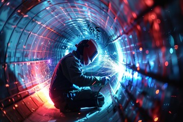 Welder working in a futuristic tunnel
