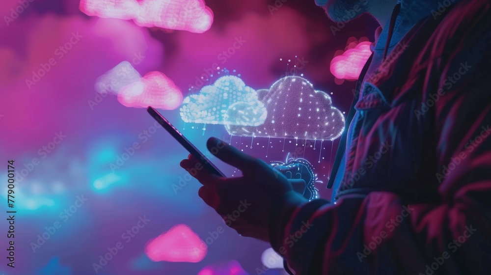 Poster computing in the cloud. data backup and syncing. networking and internet services. photograph of a m