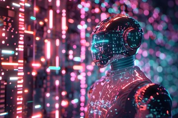 3D Hologram of a Robot, Brian, Coding in a Digital Neon Circuit Universe - obrazy, fototapety, plakaty