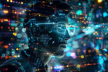 Fototapeta premium Scholarly 3D Hologram Figure Coding in Digital Information Flow