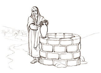 Christ and the Samaritan Woman at the Well. Pencil drawing - 779000142
