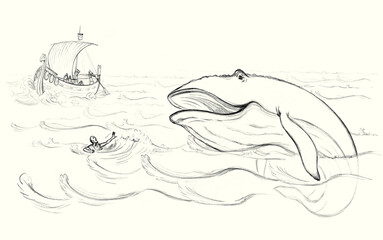 Peoples and blue whale. Pencil drawing