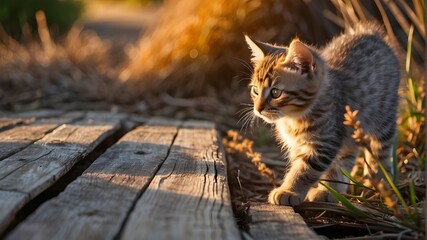 As the sun sets, a curious striped tabby kitten wanders across a weathered board, its fluffy fur catching the warm light as it playfully licks its nose. - obrazy, fototapety, plakaty
