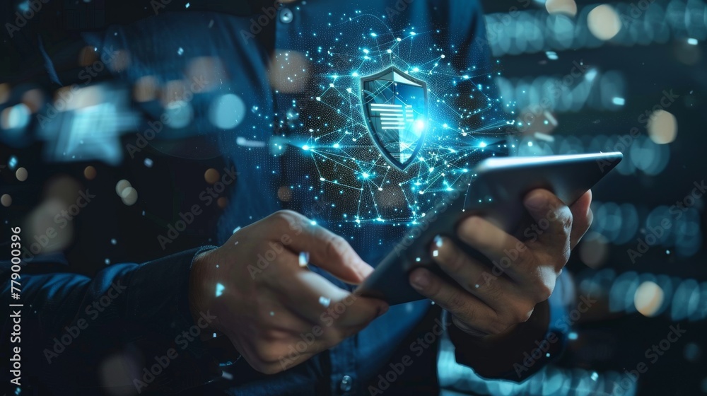 Poster Cybersecurity and data protection. A businessman protects business and financial data with a digital tablet, a smart solution from cyber attacks.