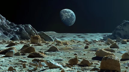 Fototapeten 1960s moon landing  realistic lunar surface with earthrise, high contrast, nasa apollo era style © RECARTFRAME CH