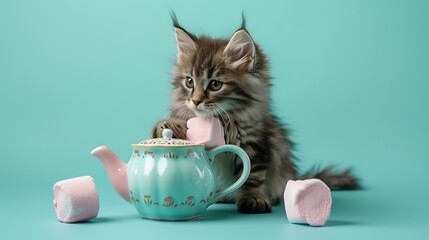 fluffy tabby kitten sitting on a painted porcelain teapot next to marshmallows on colored background