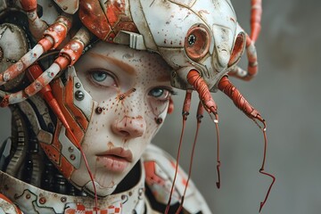 Avant-Garde Cyborg Woman: A Futuristic Portrait Showcasing Intricate Mechanical Limbs Resembling Shrimp - obrazy, fototapety, plakaty