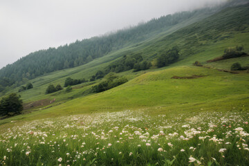 A vast green meadow carpets a mountainside bathed in summer sun, with fluffy clouds drifting across a clear blue sky
