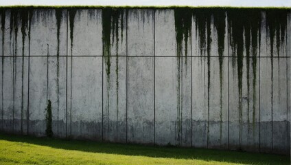 A close up of a monochrome concrete wall covered in various stains, creating a stark contrast against a backdrop of green grass and natural landscape