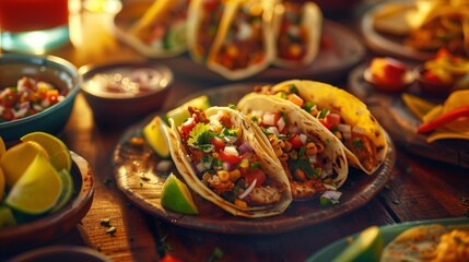 A table adorned with plates of Mexican cuisine featuring tacos and other traditional dishes, showcasing a variety of flavors and ingredients - obrazy, fototapety, plakaty