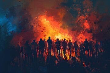 zombie crowd walking at night,halloween concept,illustration painting - obrazy, fototapety, plakaty