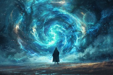 wizard conjure up a huge water vortex in the background., digital art style, illustration painting - obrazy, fototapety, plakaty