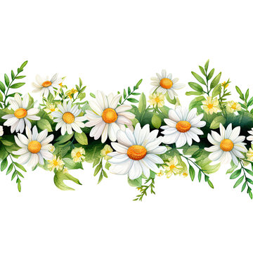 AI-generated watercolor white Daisies border clip art illustration. Isolated elements on a white background.