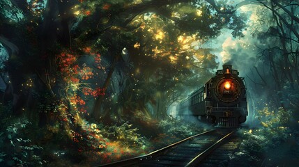 The train of hope runs through the glittering forest. - obrazy, fototapety, plakaty