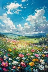 landscape painting,colorful flowers in field under beautiful clouds