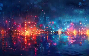 digital painting of city at night with colorful lights.