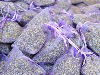 Group of purple transparent bags with dried lavender