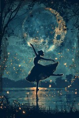 a ballerina dancing with fireflies against the crescent moon, digital art style, illustration painting