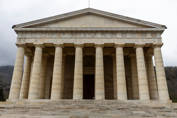 Naklejka premium Canova Temple of Possagno, home to the tomb of Canova, his hometown. World-famous sculptor, neoclassical style temple, colonnade, precious decorations. Phanteon shape with coffered ceiling and oculus.