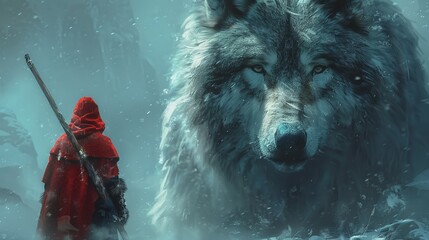 The man in the hood with spear faceing the giant winter wolf, digital art style, illustration painting - obrazy, fototapety, plakaty