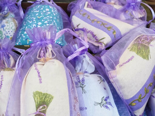 Group of purple transparent bags with dried lavender