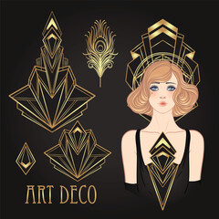 Art Deco vintage invitation template design with illustration of flapper girl over patterns and frames. Retro party background set in1920s style. Vector for glamour event, thematic wedding or jazz - 779002104