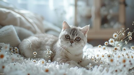 Tranquil british shorthair with gray markings on white carpet, sofa, and cabinet - obrazy, fototapety, plakaty