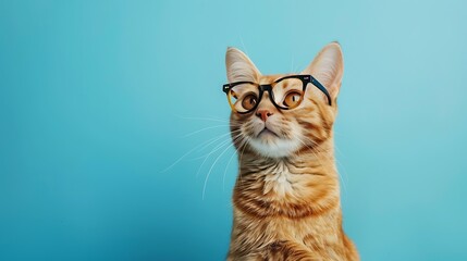 Luxurious domestic kitty in glasses poses on blue background wall