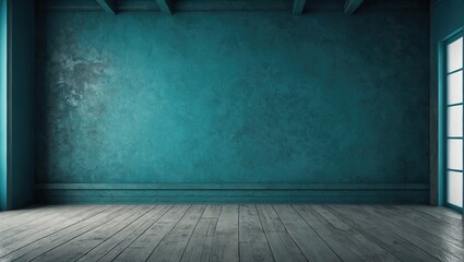 Blue turquoise empty wall and wooden floor with interesting with glare from the window, Interior background for the presentation