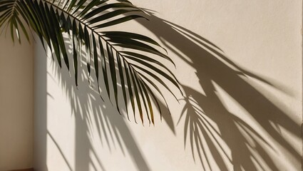 Blurred shadow from palm leaves on light cream wall, Minimalistic beautiful summer spring background for product presentation