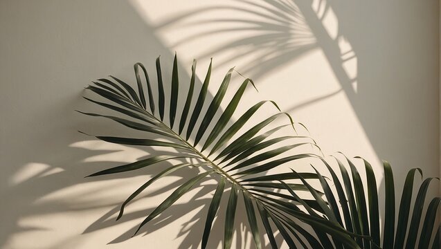 Blurred shadow from palm leaves on light cream wall, Minimalistic beautiful summer spring background for product presentation