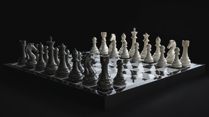 Chess pieces on a chessboard on a black background. 3d illustration
