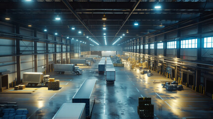 A bustling food distribution center with loading docks and delivery trucks, currently empty but poised to handle the transportation of food supplies