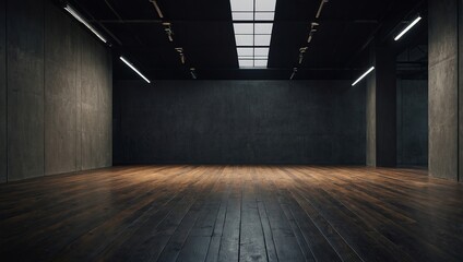 Dark gallery interior with concrete walls, mock up place and wooden flooring